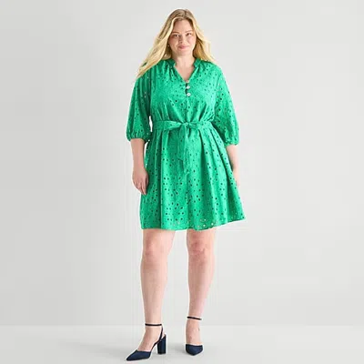 Perceptions Womens Plus V Neck 3/4 Sleeve Balloon Fit + Flare Dress In Green
