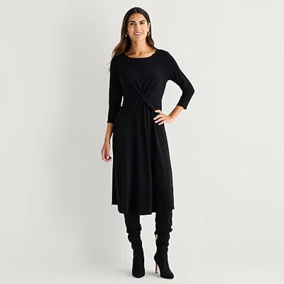 Perceptions Womens Round Neck 3/4 Sleeve Fit + Flare Dress In Black