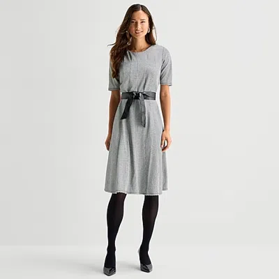 Perceptions Womens Round Neck Short Sleeve Fit + Flare Dress In Black