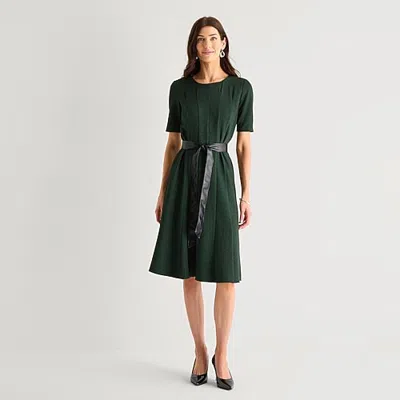 Perceptions Womens Round Neck Short Sleeve Fit + Flare Dress In Green