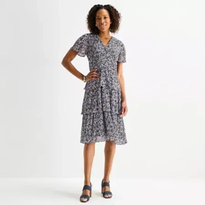 Perceptions Womens Short Sleeve Midi Floral Shift Dress In Blue