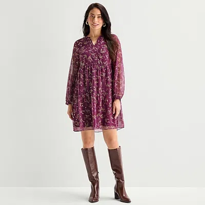 Perceptions Womens V Neck Long Sleeve Balloon Chiffon Floral Fit + Flare Dress In Purple
