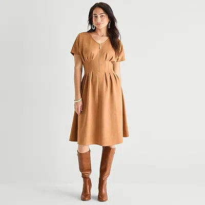 Perceptions Womens V Neck Short Sleeve Drop Shoulder Fit + Flare Dress In Brown
