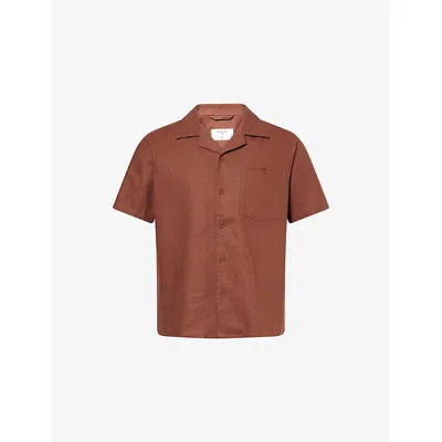 Percival Mens Brown Short-sleeve Cuban-collar Linen Shirt