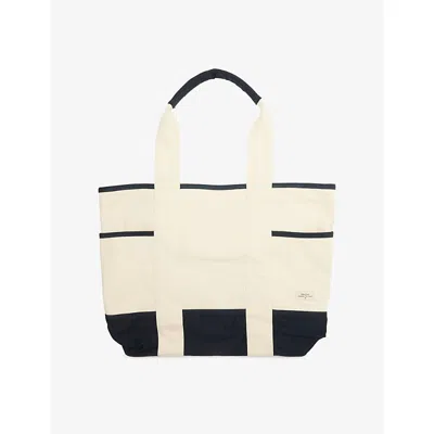 Percival Mens Cream Navy Contrast-panel Woven Tote Bag In White