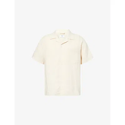 Percival Mens Cream Short-sleeve Cuban-collar Linen Shirt In White