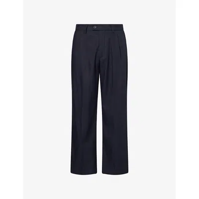 Percival Mens Navy Pressed-pleat Straight-leg Cotton-blend Trousers In Blue