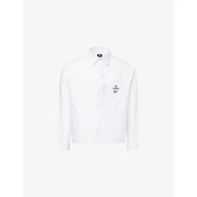 Percival Mens White Guinness Embroidery Long-sleeve Boxy Cotton Shirt