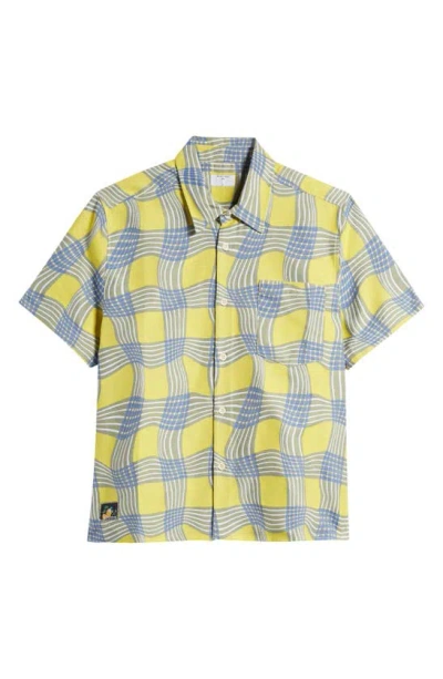 Percival Sunshine Twister Warped Check Short Sleeve Cotton & Silk Button-up Shirt In Yellow