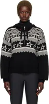 Perfect Moment Black Intarsia-knit Merino Wool Hoodie In Black/white