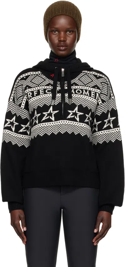 Perfect Moment Black Intarsia-knit Merino Wool Hoodie In Black/white