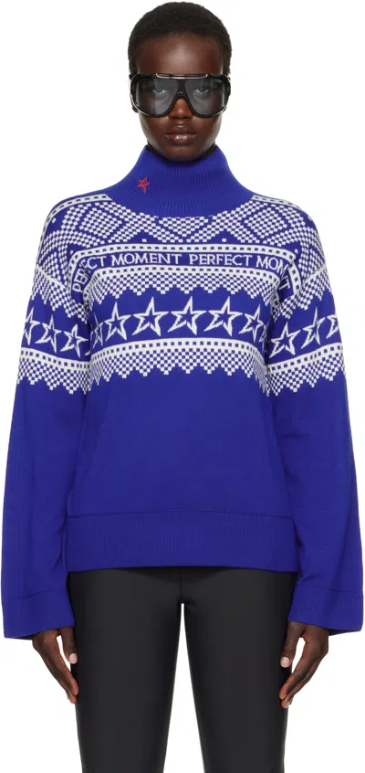 Perfect Moment Blue Intarsia-knit Merino Wool Turtleneck In Blue/white