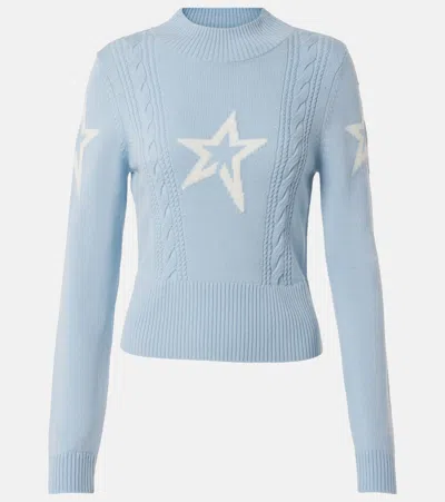 Perfect Moment Cable Merino Wool Sweater L In Bluebird-blue