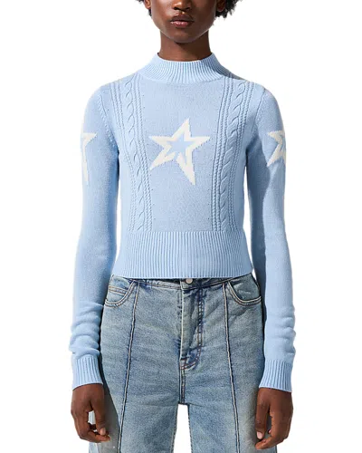Perfect Moment Cable Merino Wool Sweater L In Bluebird-blue