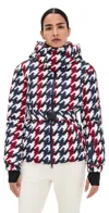 Perfect Moment Candice Hooded Belted Houndstooth Down Ski Jacket In Blue