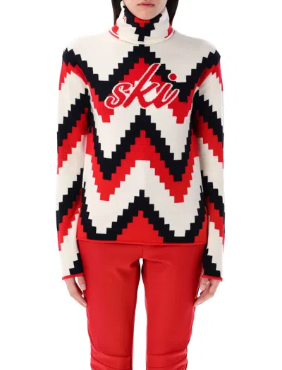 Perfect Moment Chevron Merino Wool Turtleneck Sweater In Chevron Print Red