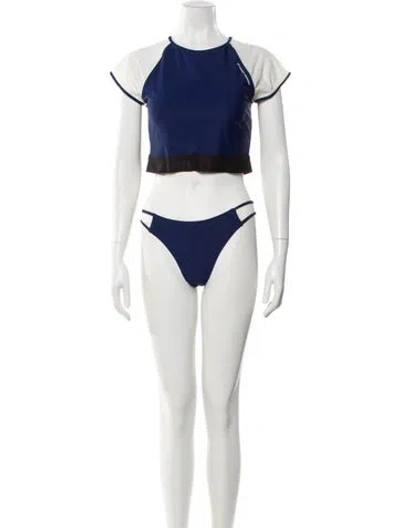 Pre-owned Perfect Moment Colorblock Pattern Mesh Accents Bikini In Blue