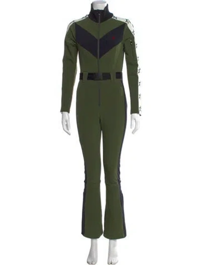Pre-owned Perfect Moment Colorblock Pattern Mock Neck Ski Suit In Green