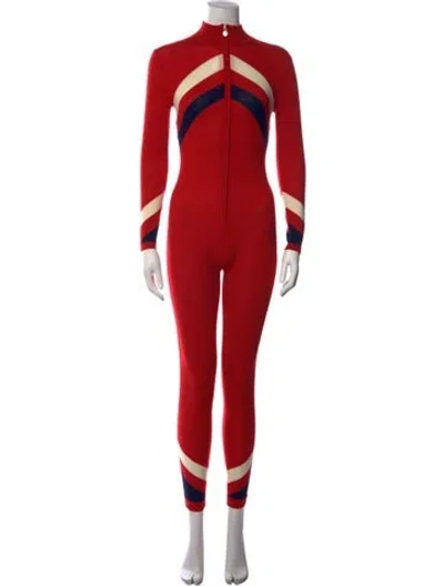 Pre-owned Perfect Moment Colorblock Pattern Mock Neck Ski Suit In Red
