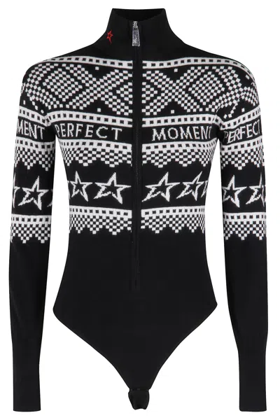 Perfect Moment Intarsia-knit Merino Wool Bodysuit Xl In Black