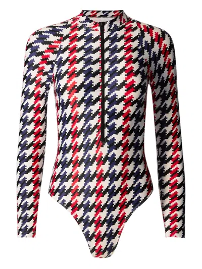 PERFECT MOMENT HOUNDSTOOTH LONG-SLEEVE HALF-ZIP SWIMSUIT