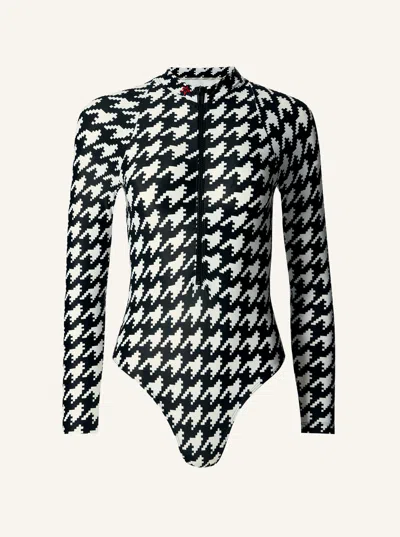 Perfect Moment Houndstooth Long Sleeve Zip Front Swimsuit M