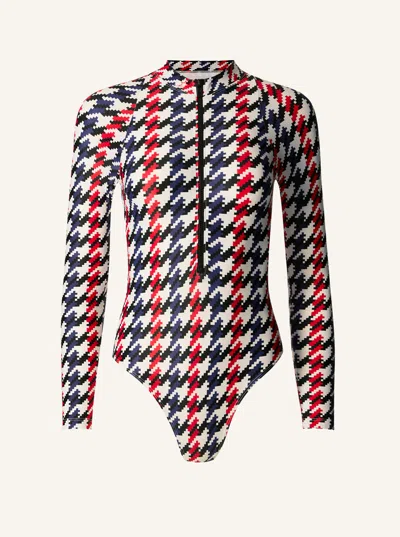 Perfect Moment Houndstooth Long Sleeve Zip Front Swimsuit In Multi