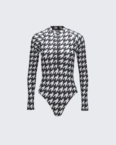 Perfect Moment Houndstooth Pm Half-zip Spring Suit In Black-white-houndstooth-print