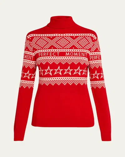 Perfect Moment Intarsia-knit Merino Wool Turtleneck Sweater In Red