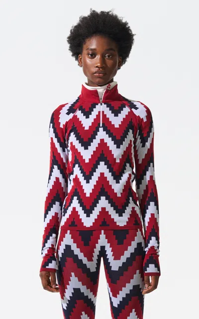 Perfect Moment Women's Jacquard 1/4 Zip Top, Red Chevron Print, Xs