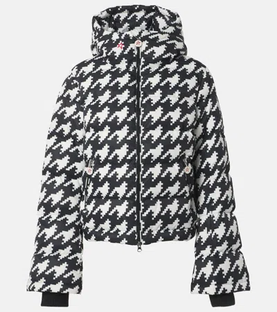 Perfect Moment Moment Houndstooth Hooded Embroidered Padded Down Ski Jacket In Houndstooth-black-snow-white