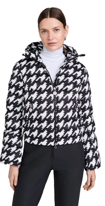 Perfect Moment Moment Houndstooth Hooded Embroidered Padded Down Ski Jacket In Houndstooth-black-snow-white