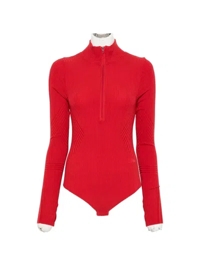 Perfect Moment Ribbed-knit Zip-up Base Layer In Red