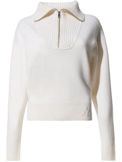 Perfect Moment White Fleece High-collar Zip Trekking Pullover In Animal Print