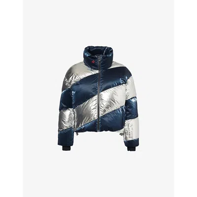 PERFECT MOMENT WOMENS MOJO PUFFER STRIPE-PANEL FOIL SHELL-DOWN JACKET LIQUID BLUE