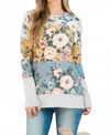 Perfect Peach Color Block Rib Floral Top In Grey In Green