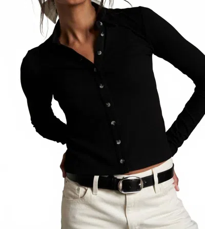 Perfectwhitetee Amee Luxe Rib Button Up Polo Top In True Black