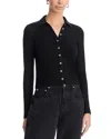 Perfectwhitetee Amee Luxe Rib Long Sleeve Button Polo In Black
