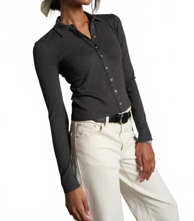 Perfectwhitetee Amee Luxe Rib Long Sleeve Button Polo In Charcoal In Black