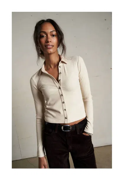 Perfectwhitetee Amee Luxe Rib Long Sleeve Button Polo In Sugar In Neutral