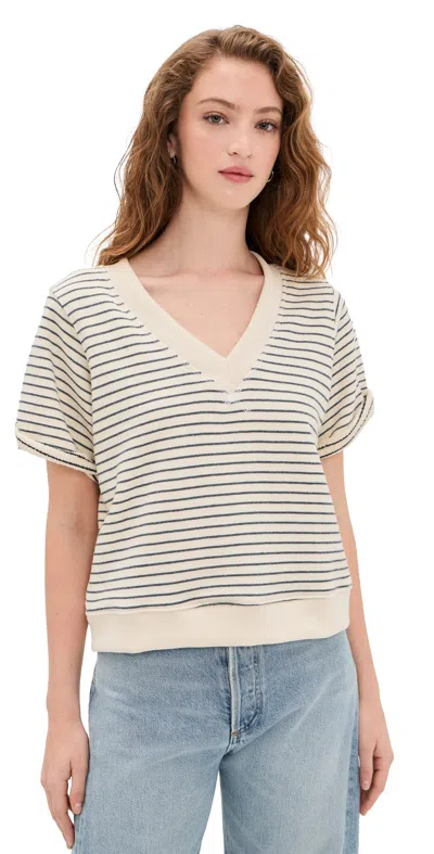 Perfectwhitetee French Terry Stripe V-neck Short Sleeve Sweatshirt Natural/charcoal In Multi