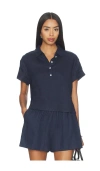Perfectwhitetee Tabitha Linen 1/4 Button Down Collared Tee Navy In Blue