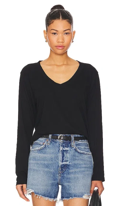 Perfectwhitetee Long Sleeve Cotton Boxy V Neck Tee In True Black