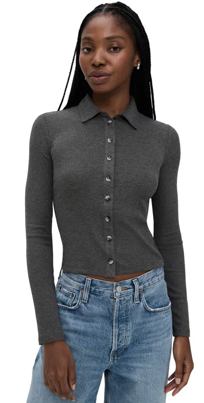 Perfectwhitetee Luxe Rib Long Sleeve Button Polo Charcoal In Gray