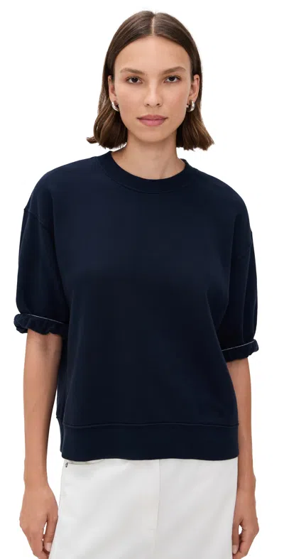 Perfectwhitetee Rebecca French Terry 3/4 Puff Sleeve Sweatshirt Navy In Blue
