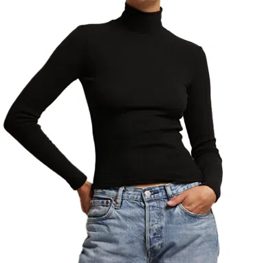 Perfectwhitetee Turtleneck Rib Long Sleeve Top In True Black