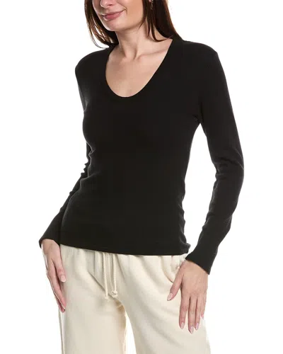 Perfectwhitetee U Neck Waffle Top In Black