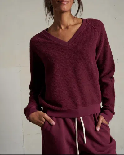 Perfectwhitetee Zuri Reverse Fleece V-neck Raglan Sweatshirt In Dark Burgundy In Red
