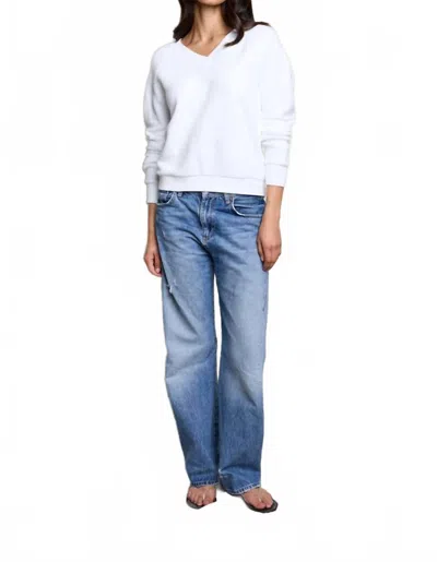 Perfectwhitetee Zuri Reverse Fleece V Neck Sweatshirt In White
