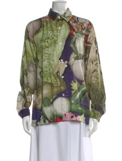 Pre-owned Perks And Mini Graphic Print Long Sleeve Button-up Top In Green